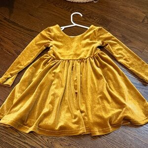 Girls' Mustard Gold Velvet Long-Sleeve Twirl Dress
